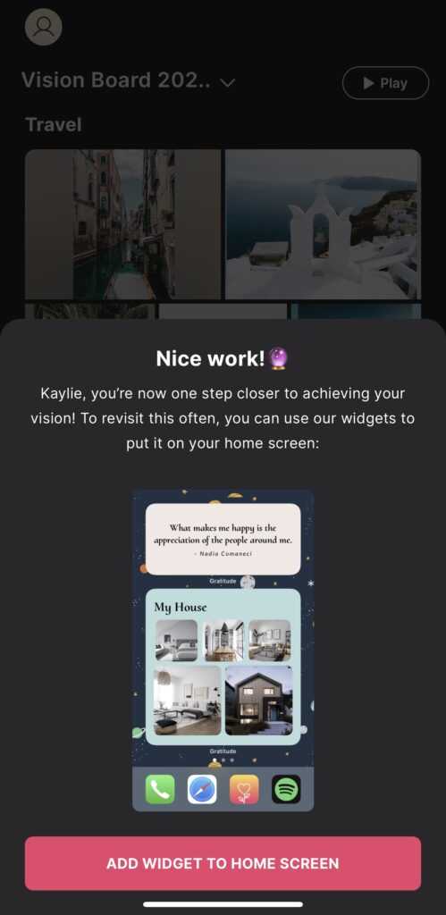 Adding your vision board as a widget to your Home Screen on your phone using the Gratitude App